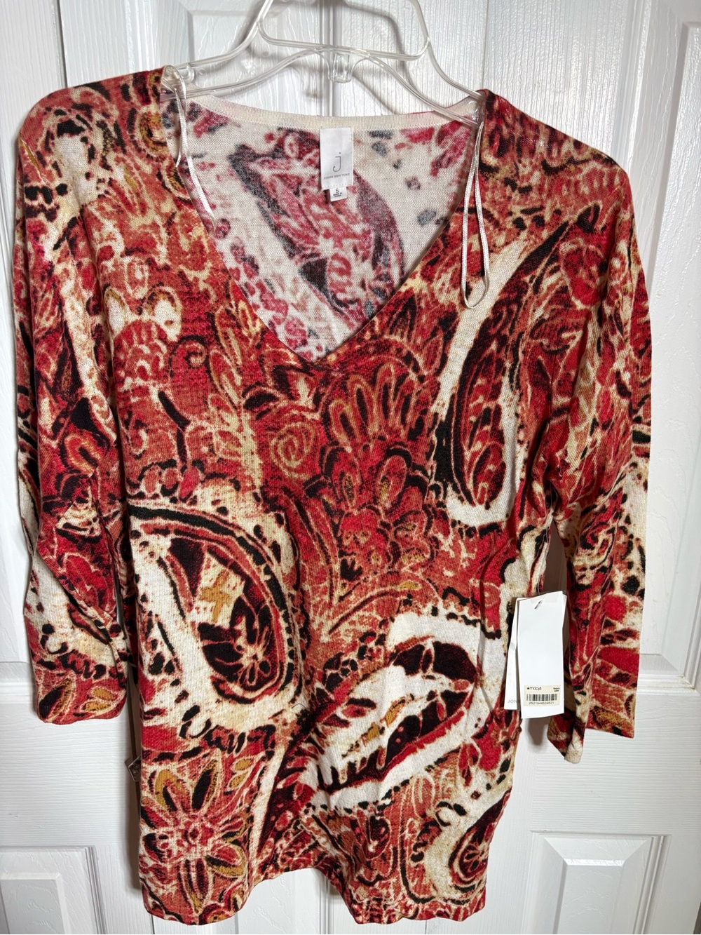 Jones New York Red Paisley V-Neck Knit Sweater